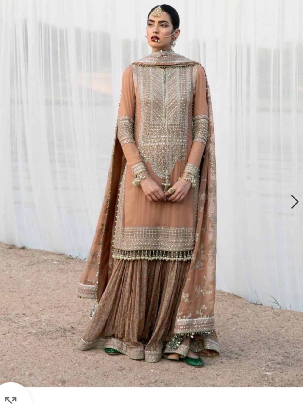 Embellished Peach Bridal Sharara Dress with Dupatta Aabroo By Husain Rehar